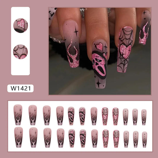 24pcs Glitter Pink Sequins Fake Nails 2025 Halloween Scary Skull Love Print False Nails Wearable European Ballet Press on Nails.