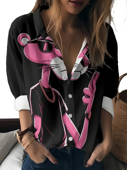 Women's Long Sleeve Shirt Cute Pink Leopard Cartoon Print Casual Button Lapel Casual Tops.