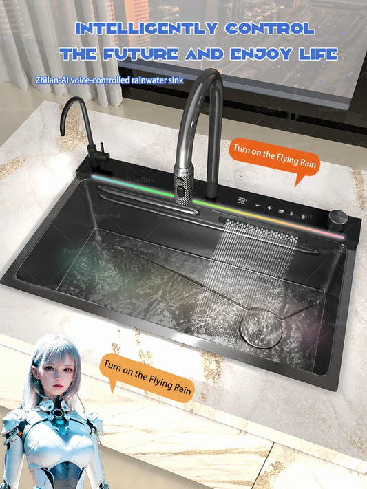 AI voice-controlled Stainless Steel Kitchen Sink With Waterfall Embossed Large Single Slot Multifunction Dishwashing Sinks