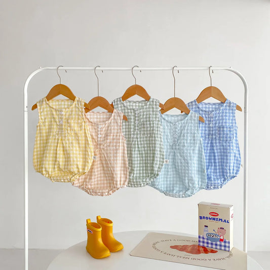 2024 sommer Neue in Kinder Baby Mädchen Jungen Nette Kleidung Säuglings Kleinkind Plaid Ärmellose Baumwolle Overalls Neugeborenen Bodys 0-24M.