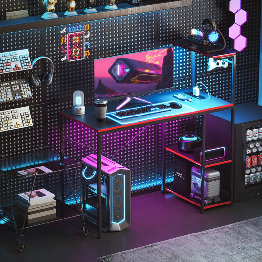 Gaming-Schreibtisch aus Kohlefaser mit LED-Leuchten, 110 x 50 cm, Steckdosen, Regalen und Fernbedienung, Schwarz