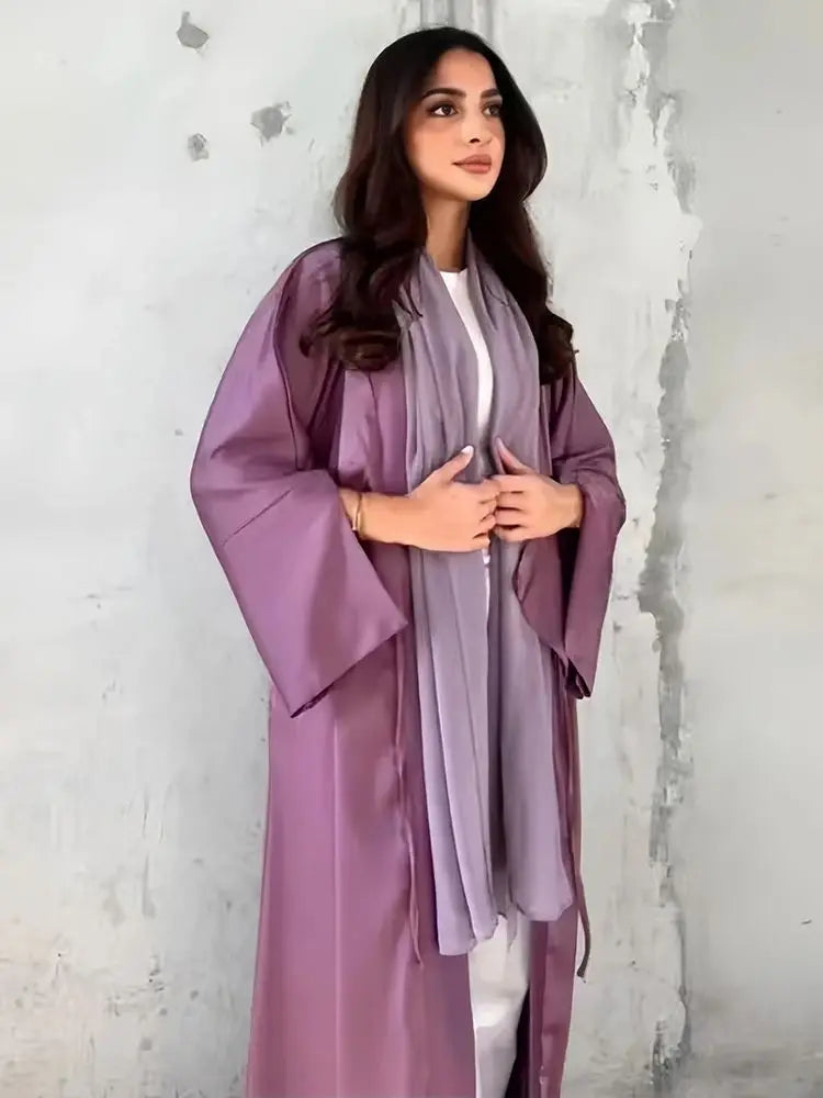 Girl Muslim Palestine Kaftan Dress Open Satin Kimono Pink Abaya Women Dubai Clothing Kebaya Robe Caftan Marocain Femme Musulmane.