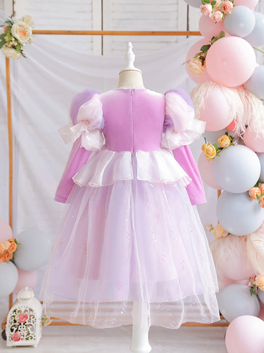 Wunderschönes Mädchenkleid, Puffärmel + lange Ärmel, Netzbedeckung, geeignet für Tänze, Partys, Auftritte, Host-Verkleidung.