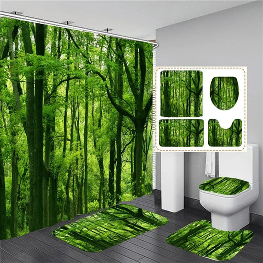 Wasserdichtes Duschvorhang-Set mit sonniger Waldlandschaft, wasserdichter Badezimmer-Toilettensitzbezug, Badewanne, rutschfeste Matte, Teppich, Baddekoration