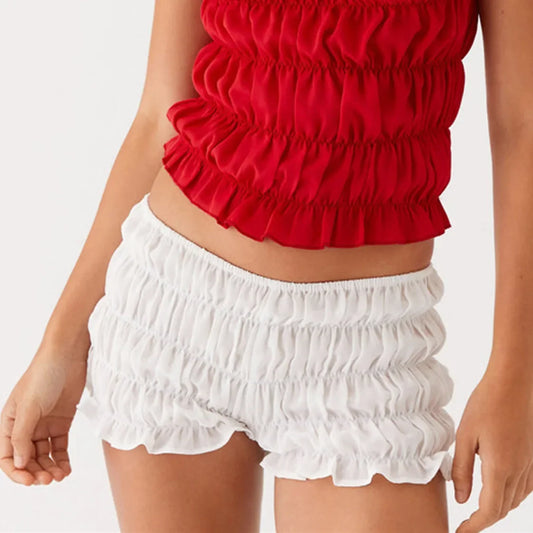 Women Y2k Ruched Mini Shorts Low Waist Ruffle Frill Bloomers Summer Lounge Pajamas Shorts Smocked Micro Shorts Sleepwear.
