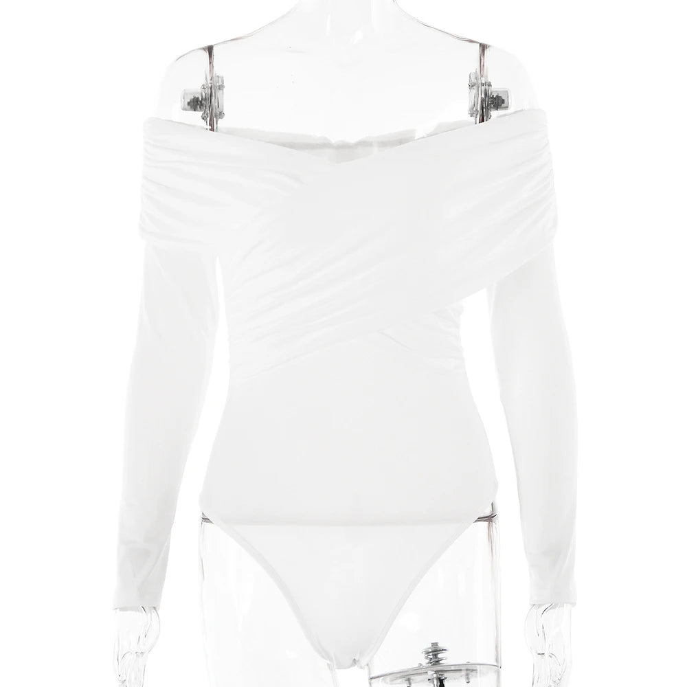 New Solid Sexy Off Shoulder Bodysuits Women Fashion Crossed Folds Skinny Rompers Long Sleeve Fashion Streetwear Autumn Bodysuits