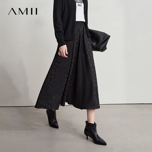 AMII 2025 Arrival Autumn Black A-line Women Skirt Luxury Style Simple Elegant Elastic Waistband Offcial Lady Blouse 12523037.