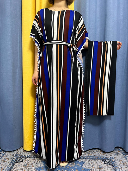 Abayas For Women 2024 Printed Vertical Stripe Tassels Elasticity Loose Fit Femme Robe African Woman Dresses With Belt Headscarf.