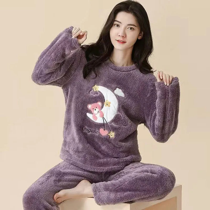 Verdickte warme große Größe gepolsterte Herbst und Winter Damen Pyjama Top und Hose Set Korallen Samt Damen Cartoon Bär 2 Teile/satz.