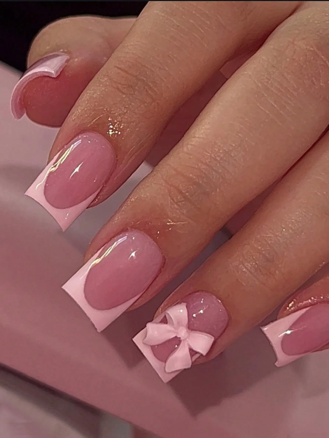 24pcs Medium Square White French Fake nails, Bow on nails Detachable And Reusable Jelly Glue 1pc Cuticle Pusher