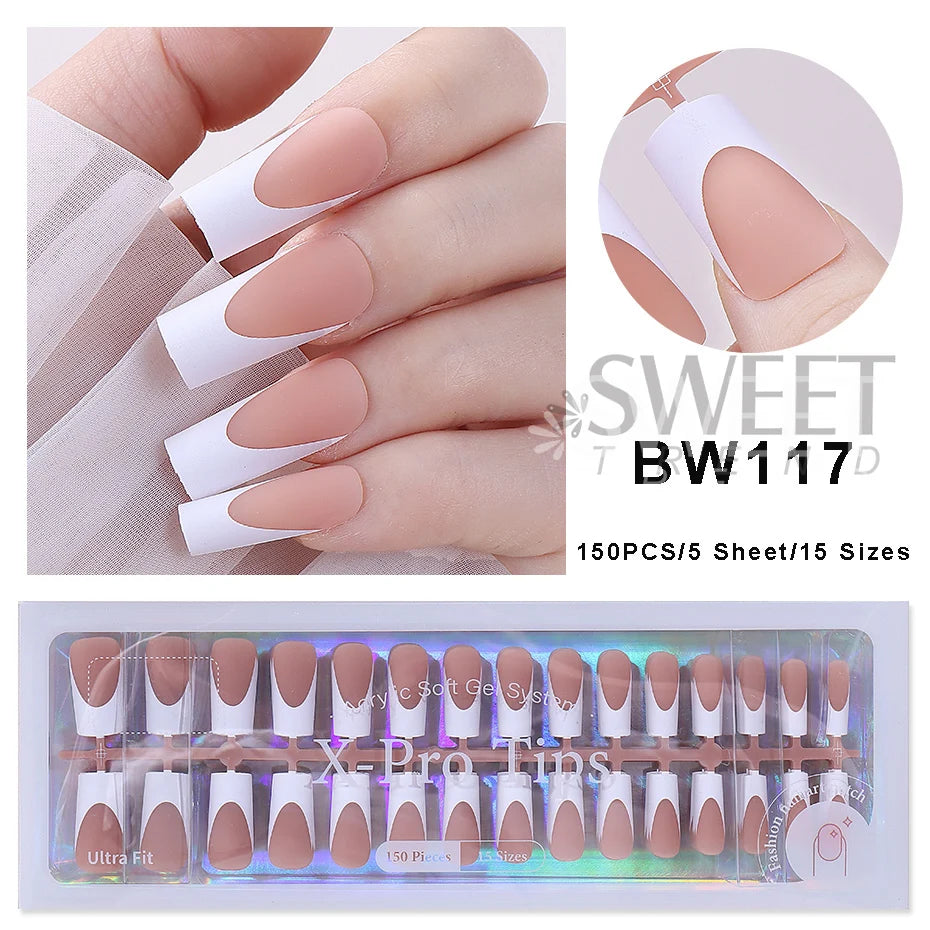 160pcs White Pink French Fake Press on Fake Nails Tips Short Square Full Cover Artificial Acrylic Fake Toenails For Nail Salons.