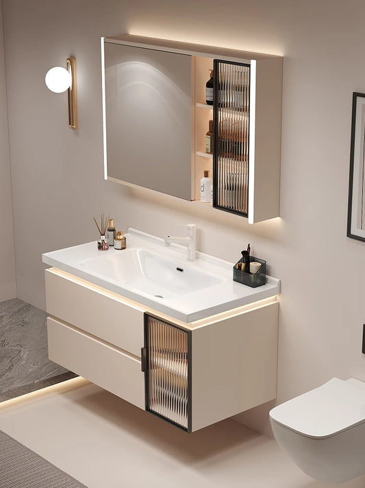 Cremefarbener Wind-Badezimmerschrank, integriertes Waschbecken aus Keramik, WC-Waschbecken-Kombination