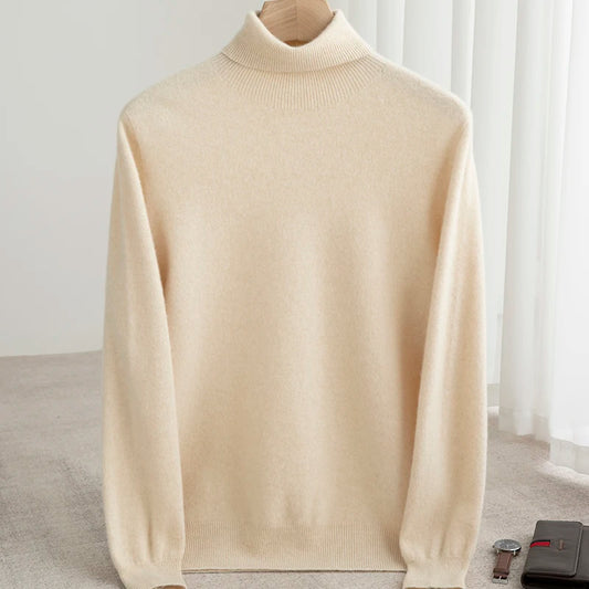Men 100% Merino Wool Sweater Turtleneck Knitted Pullover Cashmere Warm Solid Color Clothes Business Bottoming Tops Autumn Winter.