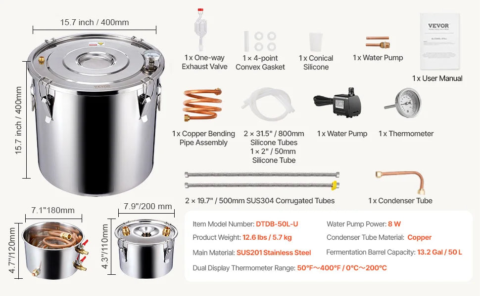 SucceBuy Alcohol Still Stainless Steel Water Alcohol Distiller Fast Cooling Dual Condenser Distiller Kit for Wine Whisky Brandy.