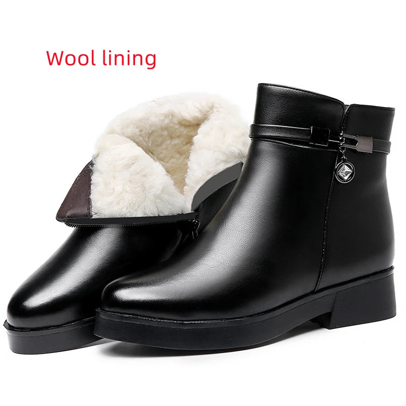 WOIZGIC Women Mother Female Ladies Genuine Leather Ankle Shoes Boots Platform Wool Plush Warm Fur Winter Zipper Plus Size 42 43.