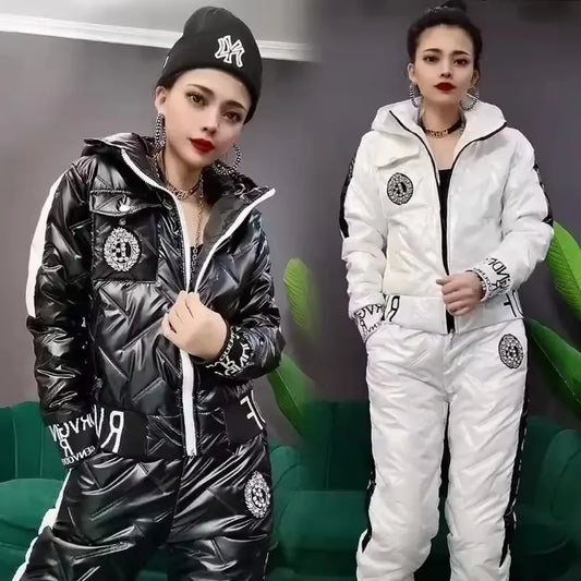 Mode Winter Glänzend Parkas Frauen Anzug Übergroßen Zwei Stück Set Casual Mit Kapuze Baumwolle Gepolsterte Kurzen Mantel + Verdicken Warme Hose Sets.