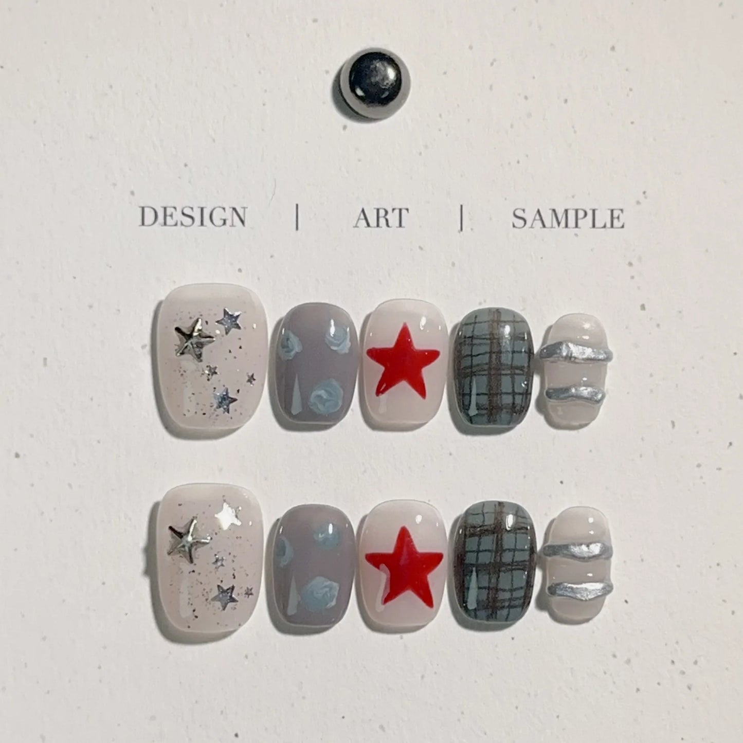 10pcs Short Oval Shaped Press-On Nails - Color Block Stripes & Star Designs Glossy Mix-and-Match False Nails for Women and Girls.