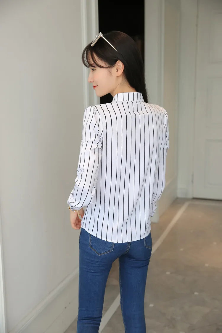 Stripe Women Blouse Fashion Standing Collar Women's Shirt Long Sleeved Shirts and Blouses Printing Ladies Tops Basic Womens Tops