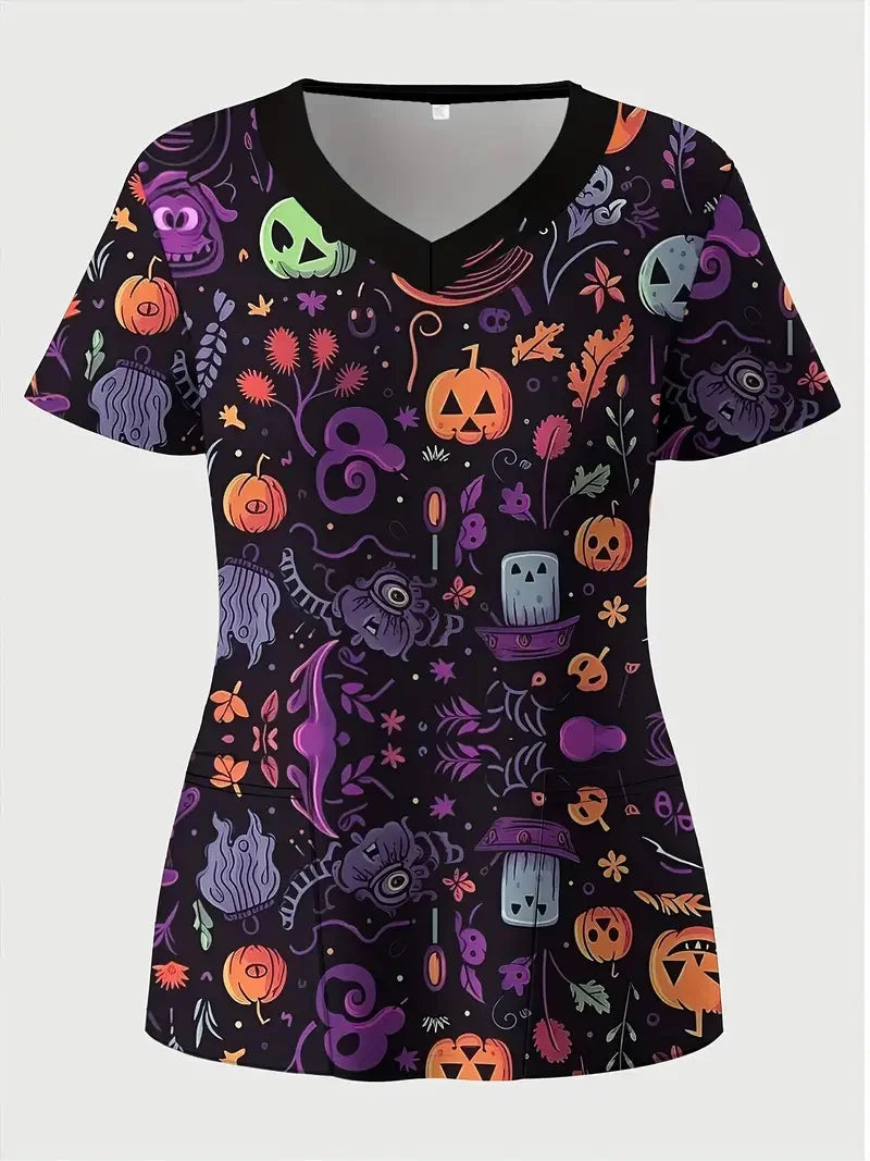Halloween Surgical Uniforms Woman Cartoon Print Fashions Nurse Casual V-Neck Short Sleeve Patch Contest Clinical Uniform Woman.