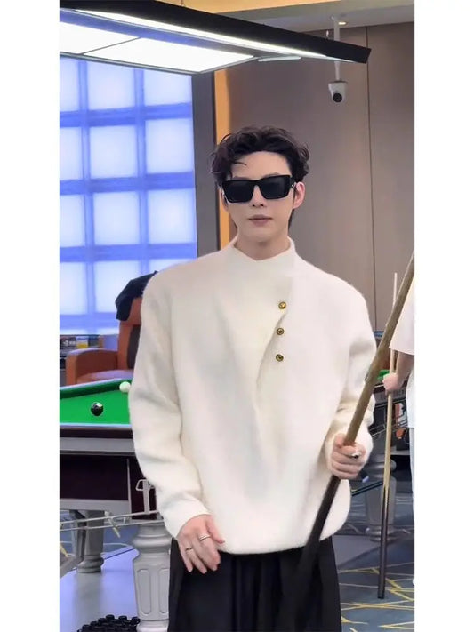 Irregular Button Turtleneck Sweater Men's Autumn and Winter Fashion Brand.