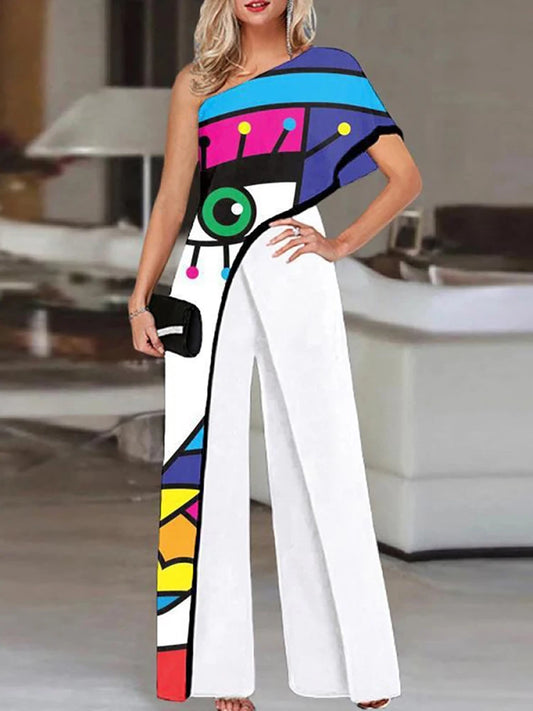 Colorful Ladies Face Print Slim Jumpsuits Summer Off Shoulder Diagonal Collar Sexy Rompers Women Loose Straight Wide Leg Pants.