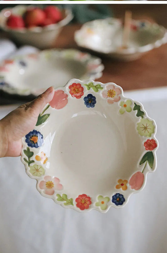 Floral Embossed Rim Soup Dessert Plate - Elegant Ceramic Appetizer Dish for Breakfast, Cafe Dining, Home Kitchen Tableware Set.