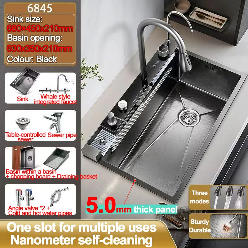 Extra Thick 5.0mm Kitchen 304 Sink, Whale Sink, Stainless Steel Large Single Sink, Waterfall Sink, Thickened Dish Sink