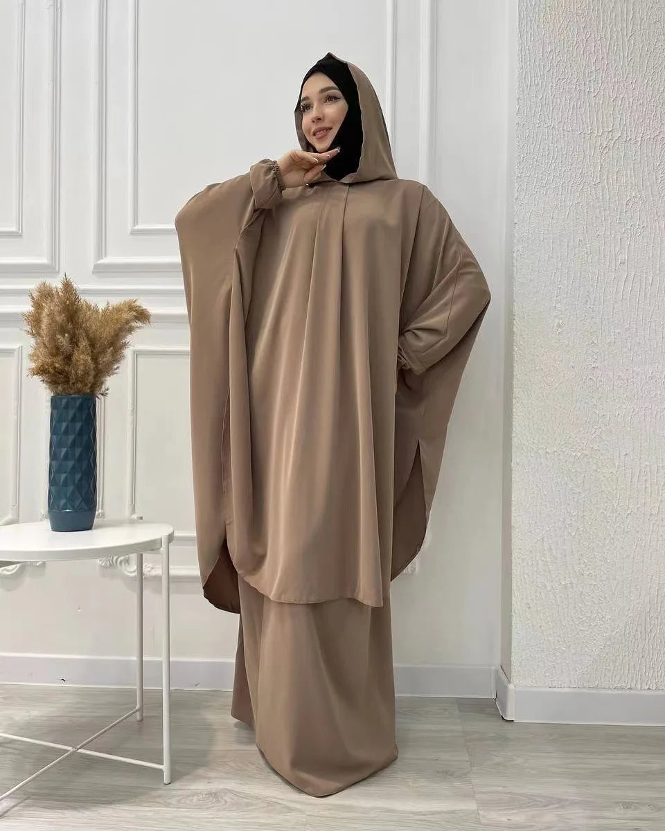 Eid Hooded Abaya 2 Piece Set Long Hijab Khimar Muslim Women Dress Prayer Jilbab Ramadan Gown Abayas Skirt Sets Islamic Clothes