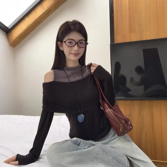 Retro American Shoulder Bared Long Sleeve T Shirt Women Spring Autumn Spicy Girl Fake Two Piece Base Shirt High Collar Polyester.