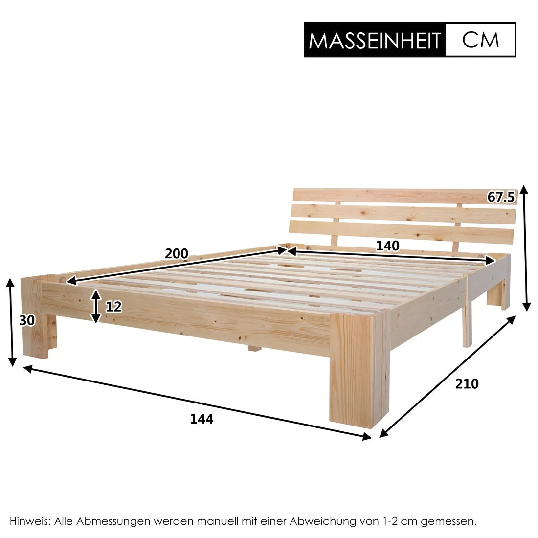 Doppelbett aus N616-Holz mit Kopfteil aus Bettrahmen, mit Flachnudelrahmen 200 x 140 cm, Massivholz-FSC-Doppelbett aus massivem FSC