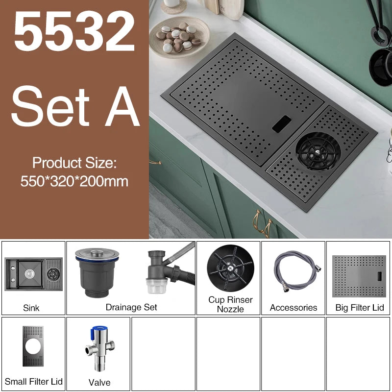 ASRAS Nano Black Small Size Kitchen Sink Cup Washer Hidden Bar Counter Cover Concealed Single Bowl Sinks With Lifting Faucet