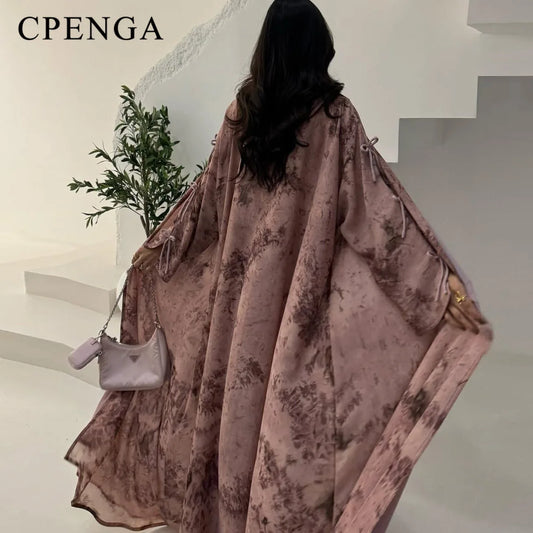 2025 sommer Arabisch Frauen Muslimische Kleidung Ramadan Dubai Offene Abaya Kleid mit Hijab Islam Gedruckt Chiffon 2 Stück Outfit.