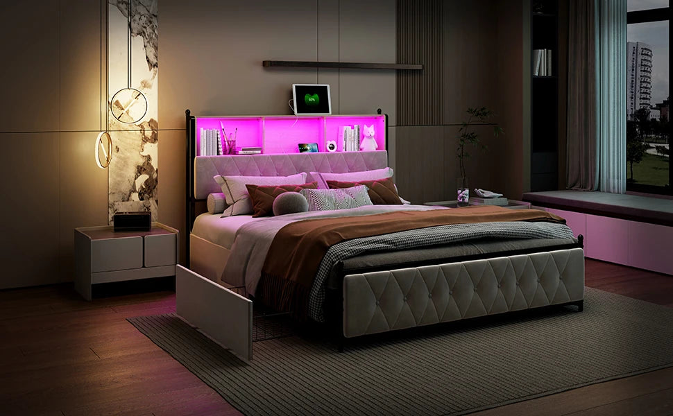 Lazyspace Bettgestell 160 x 200 cm, gepolstertes Bett mit Schubladen und 2 Ladeanschlüssen, Doppelbett mit LED-Kopfteil, ohne Matratze