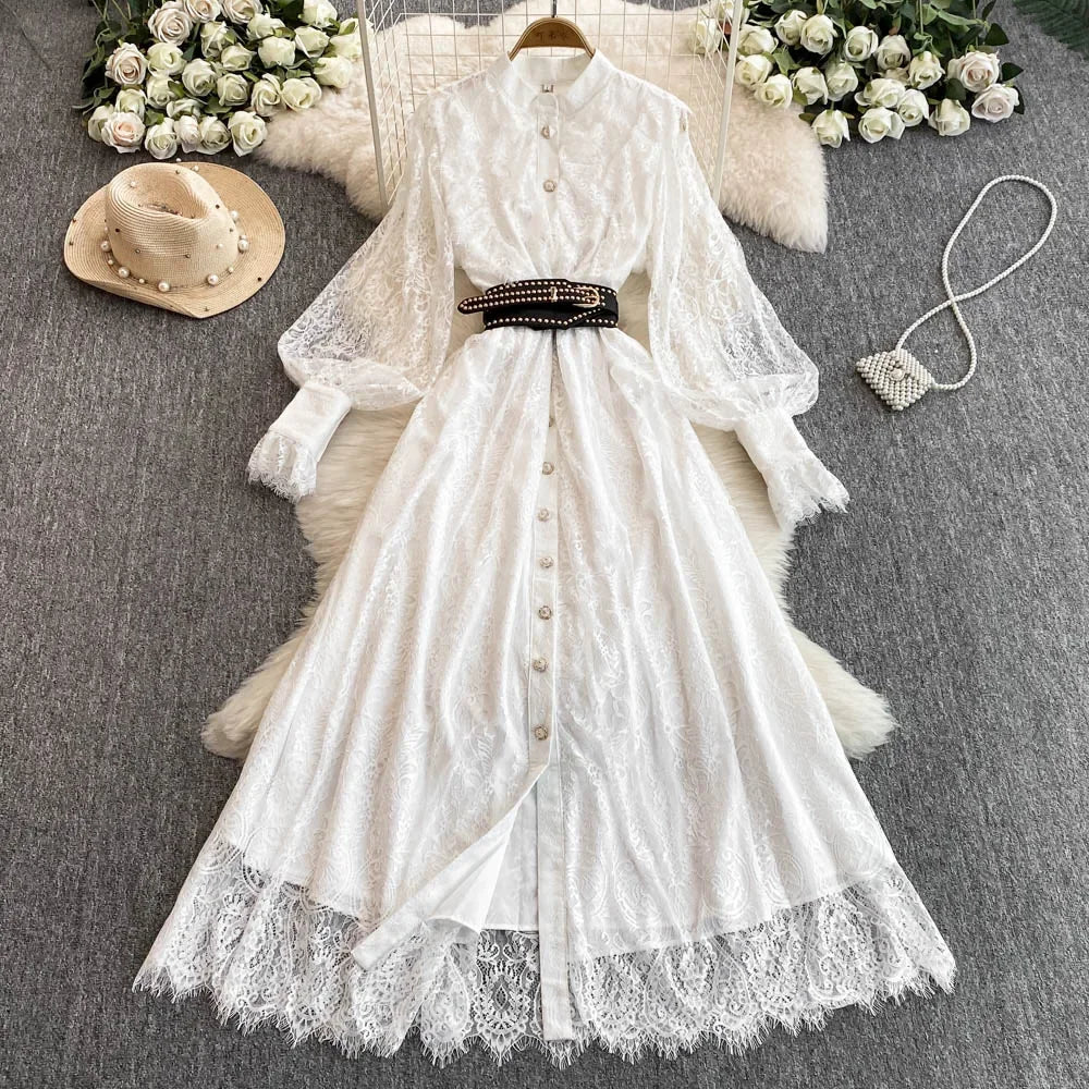 Neue Frühling Herbst Spitze Kleid für Frauen Weiß Schwarz Elegante Taille Langarm Stil Geburtstag Party Kleid Weibliche C186