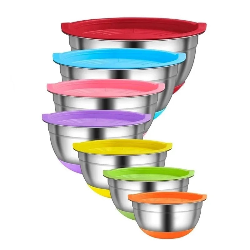 Stainless Steel Mixing Bowl Set with Lid Grinder Storage Multifunctional Kitchen Tool Set.