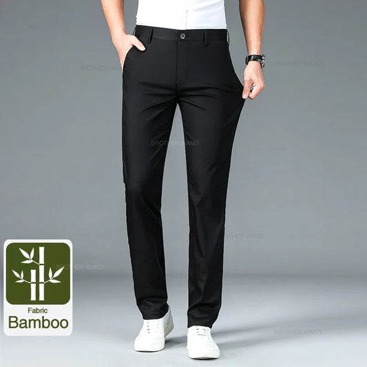 Bamboo Fiber Fabric Men's Casual Pants Summer New Ultra-thin Elastic Soft Straight Business Trousers Classic Black Khaki Gray.