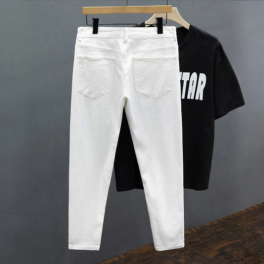 Men's Jeans Spring Summer Thin Slim Fit Elastic Cotton Soft Straight Denim Ankle Length Pants Korean Youth Fashion Trousers.