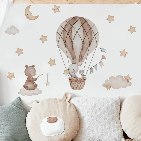 Cartoon Hot Air Balloon Animals Bear Rabbits Wall Stickers for Child Room Boy Room Decoration Nursery Baby Room Decoration Decal.