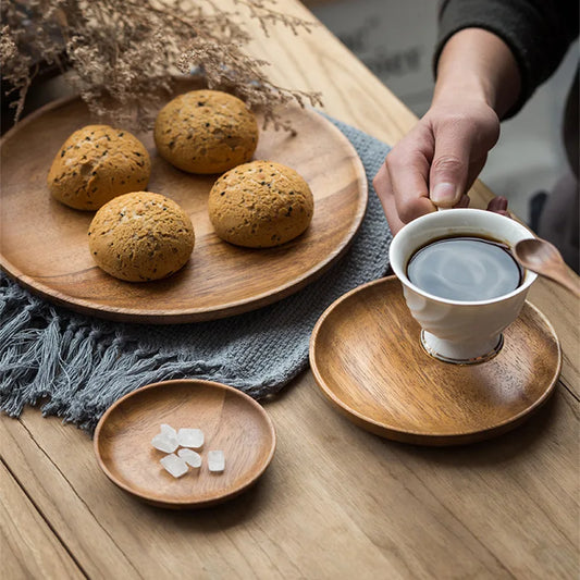 Wooden Trays Round Storage Plate SolidWood Coffee cup Mat KitchenDecorative Plate Fruit Bread TablewareHome Decoration.