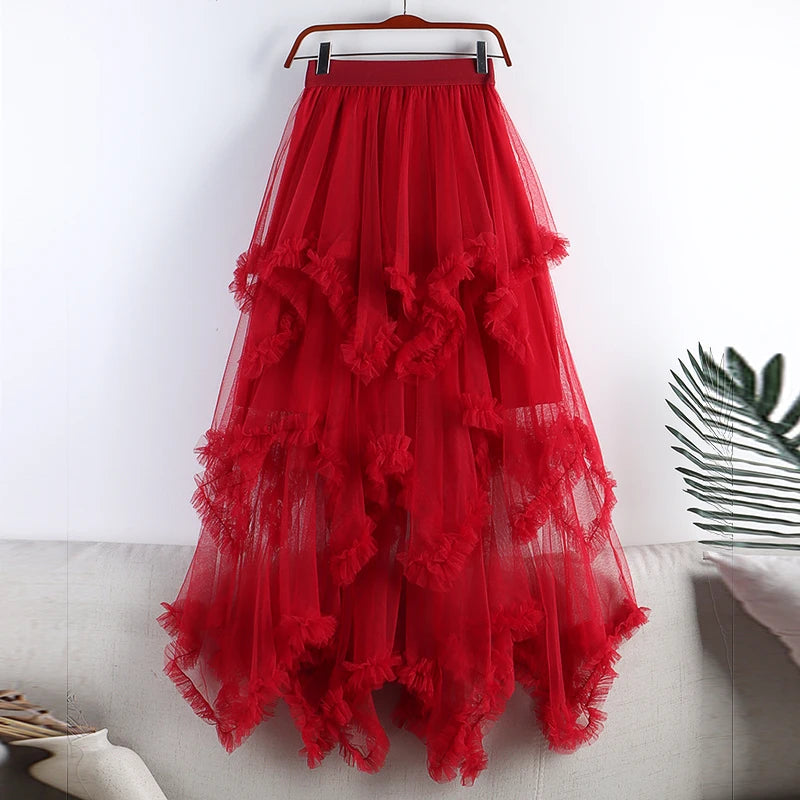 Autumn Winter New 2025 Irregular Cake Tulle Skirt Women Sweet Midi Long High Waist A Line Skirt Female Mesh Party Skirt Lady