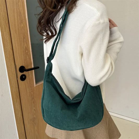Corduroy Shoulder Bag Minimalist Crossbody Bag Women's Handbags Fashion Fabric Underarm Bag Solid Color Zipper Female Handbag.