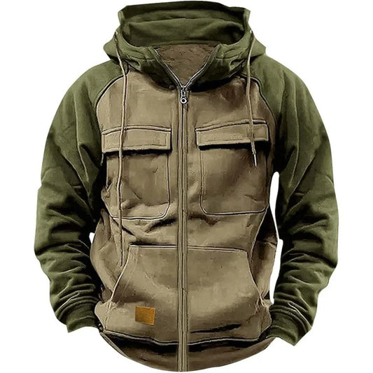 2025 Autumn Retro Workwear Hooded Sweatshirt Men Zipper Solid-Color Warm Sports Shirt With Multiple Pockets Hooded Jacket Winter.