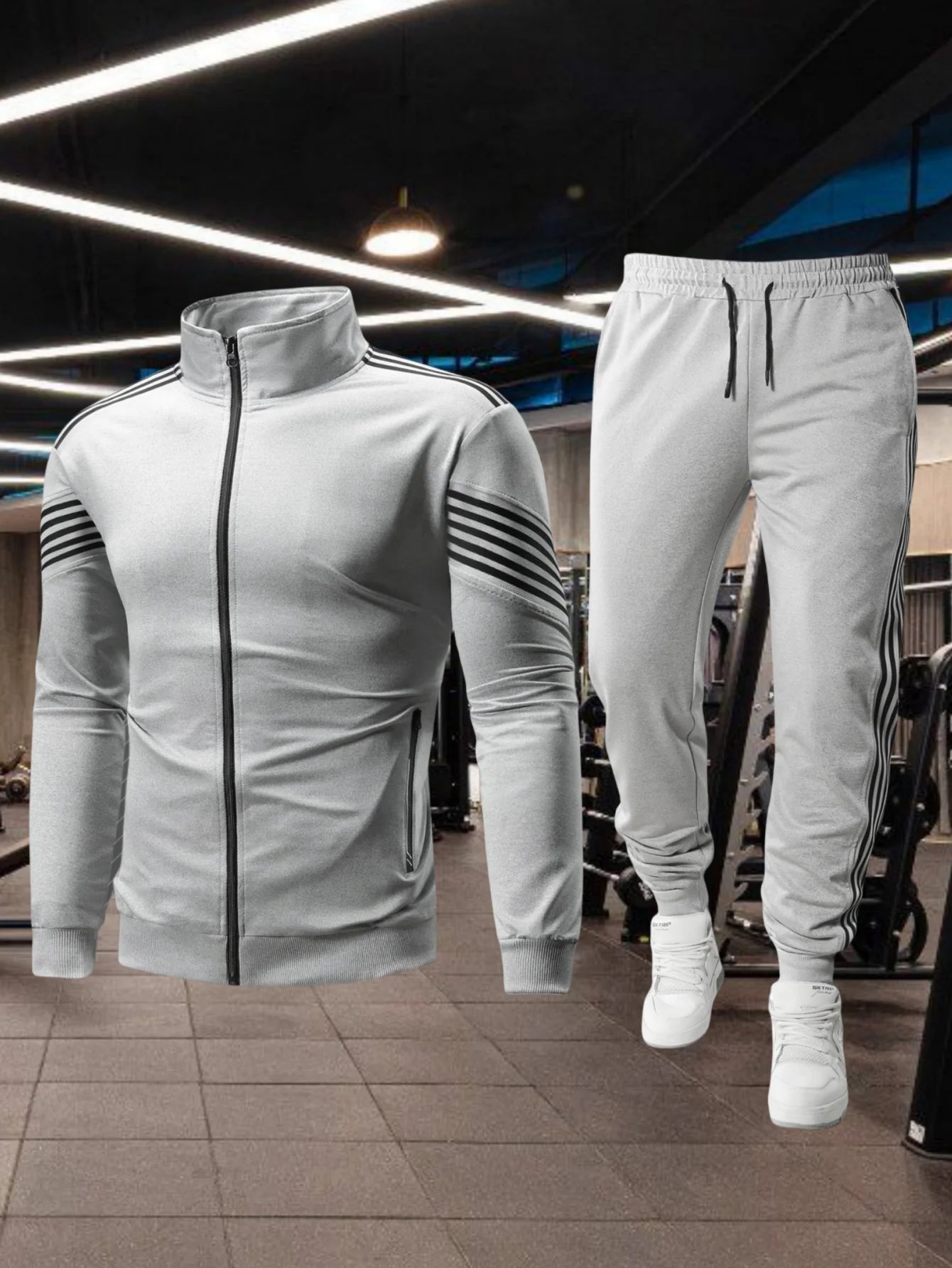Men's sporty casual set for spring and autumn, featuring a stand-up collar zip-up long-sleeved top and drawstring waist pants. I.