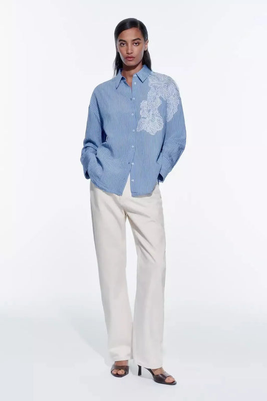 Spring 2024 New Arrival Women's irt Embroidered Flower Decorated Stripe Casual Loose Fit Long Sve Button up Polyester Fiber.