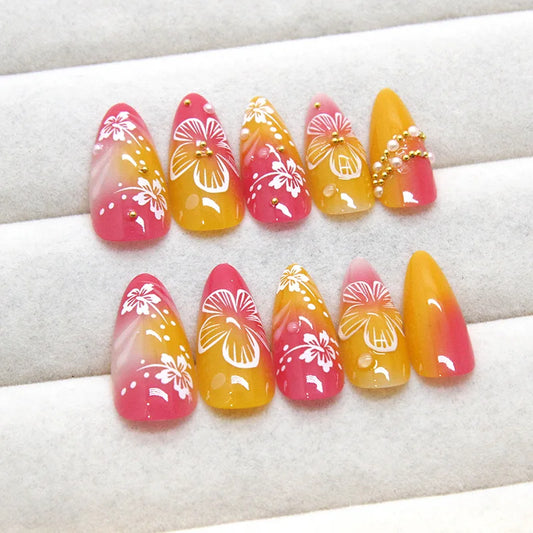 24pcs White Flower Fake Nail Tips Ins Yellow Pink Blush False Nails Wearable Full Cover European Almond Shaped Press on Nails.