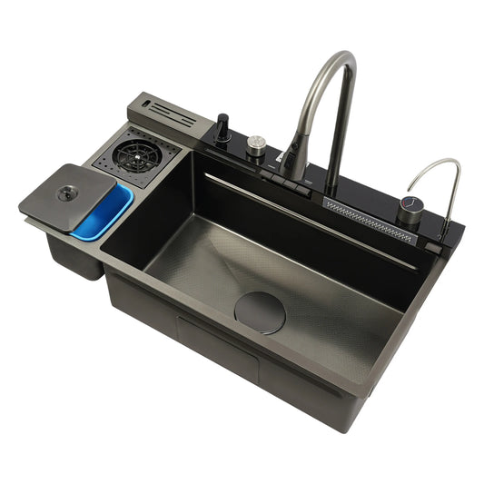 Edelstahl-Küchenspüle mit Abtropfkorb, ausziehbarer Wasserhahn, Schneidebrett, Tassenwascher, Digitalanzeige, 82 x 48 x 23 cm