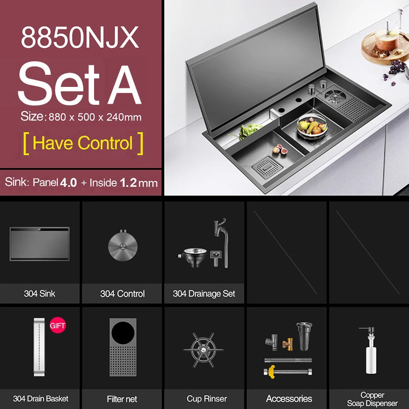 ASRAS Large Size Flip Cover Hidden Island Kitchen Sink 304 Stainless Steel 4mm Thickness Handmade Stepped Sink Cup Rinser Sinks