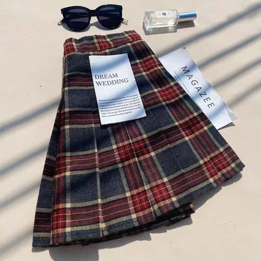 Plaid Woolen Pleated Skirts for Women Fall Winter High Waist Preppy Warm Mini Skirts Lady Fashion Korean All-Match A Line Skirts.