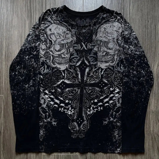 Retro Cross Print American T-shirt Cotton Round Neck Breathable Shirt Hip Hop Couple American Goth Cross skull print T Shirts.