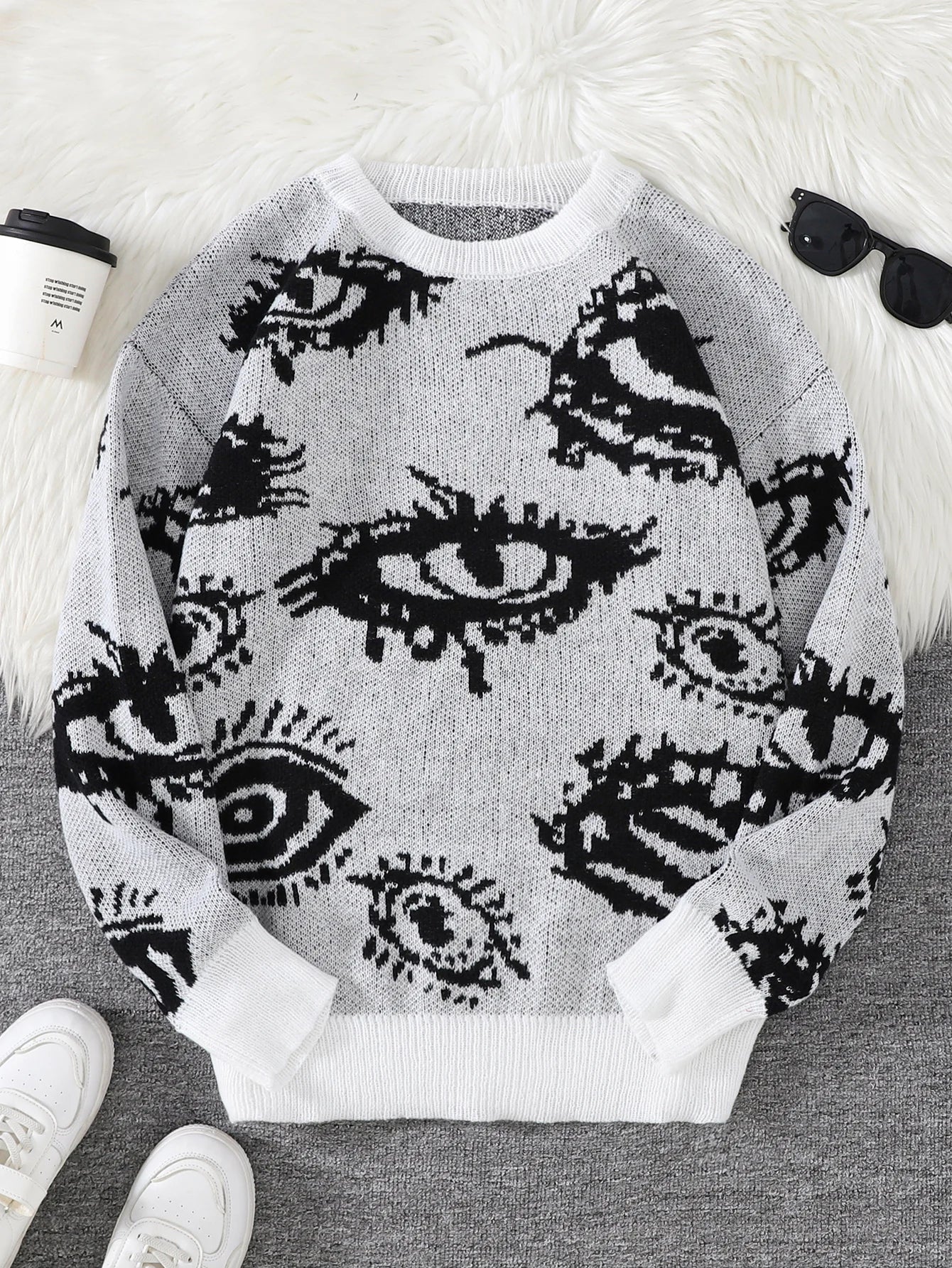 New Popular Autumn and Winter Abstract Eye Jacquard Pattern Pullover Sweater Casual Round Neck Knitted Men's Pullover.